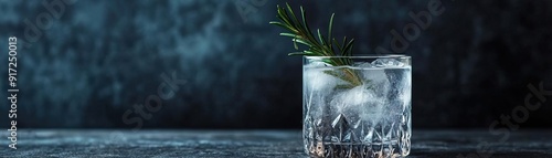 A minimalist composition of a highball glass, gin  tonic with a garnish of rosemary, against a dark, textured backdrop, panoramic space above for copy photo