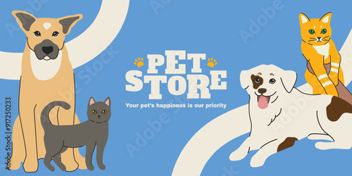 Colorful pet store banner with happy dogs and cats. Ideal for promoting pet shops, veterinary services, or pet adoption events. Bright, friendly design for pet care advertisements. 