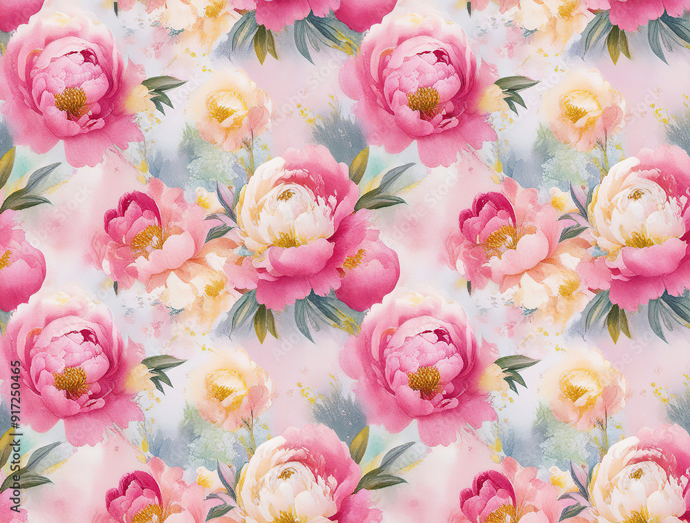 Fototapeta Seamless pattern with watercolor flowers. Peonies, anemone, citrus and roses. Illustration
