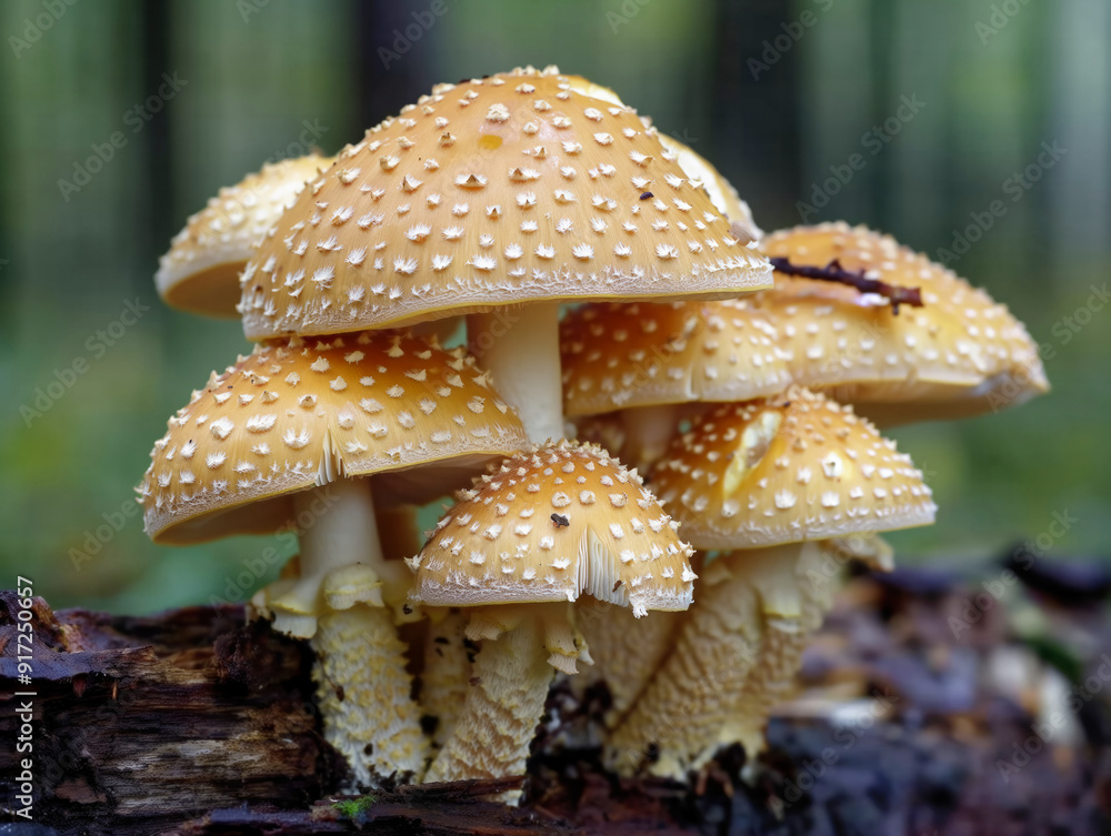 A group of mushrooms are growing on a log. The mushrooms are tan and have many small dots on them. The image has a peaceful and natural feel to it A group of mushrooms are growing on a log. The mushrooms are tan and have many small dots on them. The image has a peaceful and natural feel to it