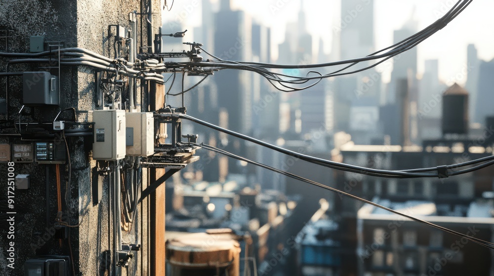 Detailed 3D model of telephone line installation across urban rooftops, highlighting cable connections, hardware, and realistic cityscape in the background Detailed 3D model of telephone line installation across urban rooftops, highlighting cable connections, hardware, and realistic cityscape in the background