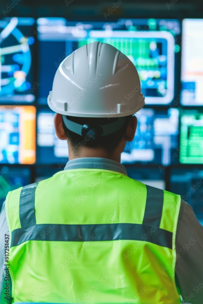 Engineer is analyzing data displayed on multiple screens in a monitoring room Engineer is analyzing data displayed on multiple screens in a monitoring room
