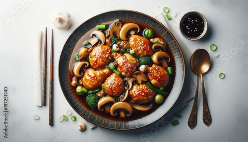 A beautiful image of moo goo gain pan is the Americanized version of a Cantonese dish chicken with mushroom in oyster sauce close up on the plate on the table, white background. Food photography photo