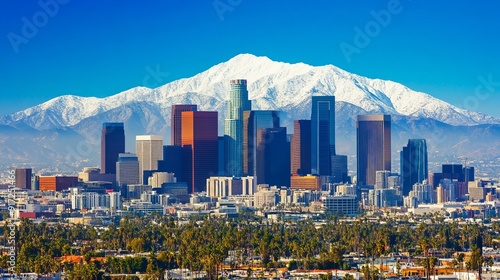 Skyline of Los Angeles with snow-capped mountain in background