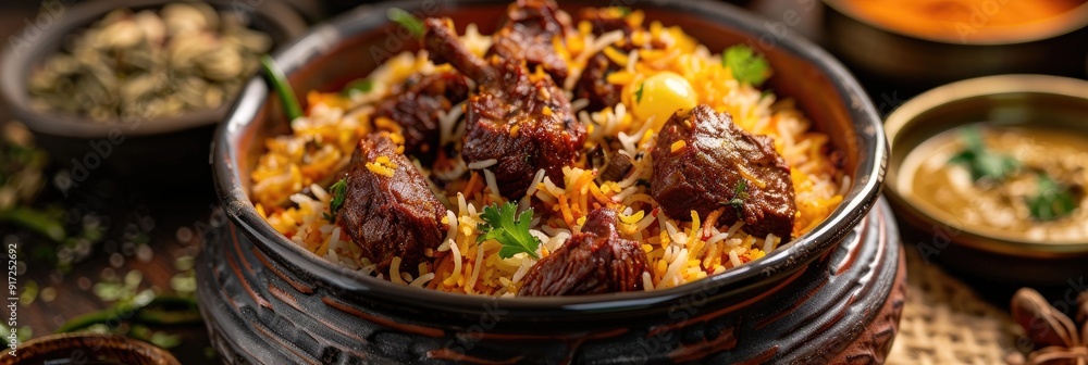 Highly delicious and spicy Mutton Biryani created with marinated lamb or goat meat mixed with a variety of Indian spices and slow cooked with rice Highly delicious and spicy Mutton Biryani created with marinated lamb or goat meat mixed with a variety of Indian spices and slow cooked with rice