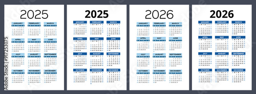 2025 and 2026 calendar set. Vector pocket calender design. Week starts on Sunday. January, February, March, April, May, June, July, August, September, October, November, December