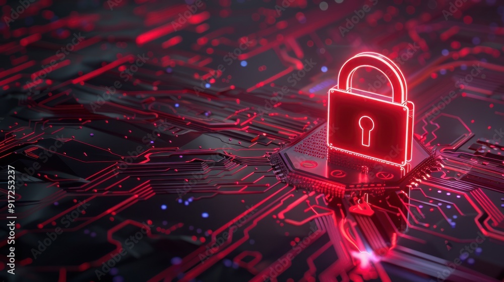 Cybersecurity - Red Lock on Circuit Board Cybersecurity - Red Lock on Circuit Board