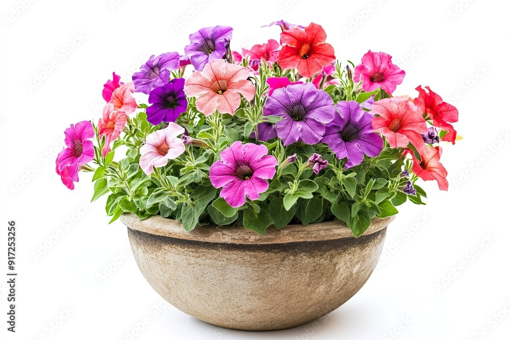 Fototapeta premium Colorful petunia flowers in the pot isolated on a white background