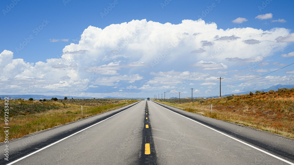 Fototapeta premium Two lane road passing open high desert towards large white cloud