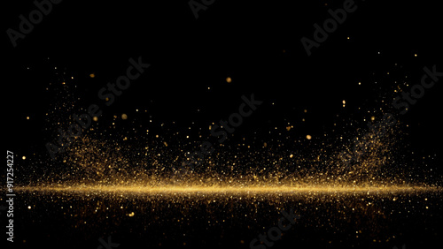Golden particles falling from above, creating a sparkling and luxurious atmosphere on a dark background. Ideal for festive, celebratory, or luxury-themed designs and creative projects.
