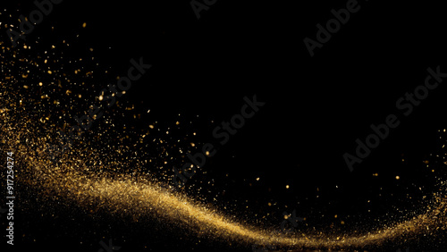 Golden particles falling from above, creating a sparkling and luxurious atmosphere on a dark background. Ideal for festive, celebratory, or luxury-themed designs and creative projects.