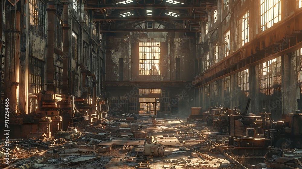 Fototapeta premium A cinematic shot of an abandoned factory with rusty gates and deserted production lines, surrounded by piles of scrap metal and broken machinery. The late afternoon sun casts long shadows,