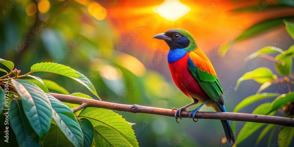 Vibrant tropical bird perched on a branch with the sunset casting a warm glow, surrounded by lush greenery , tropical, bird, sunset Vibrant tropical bird perched on a branch with the sunset casting a warm glow, surrounded by lush greenery , tropical, bird, sunset