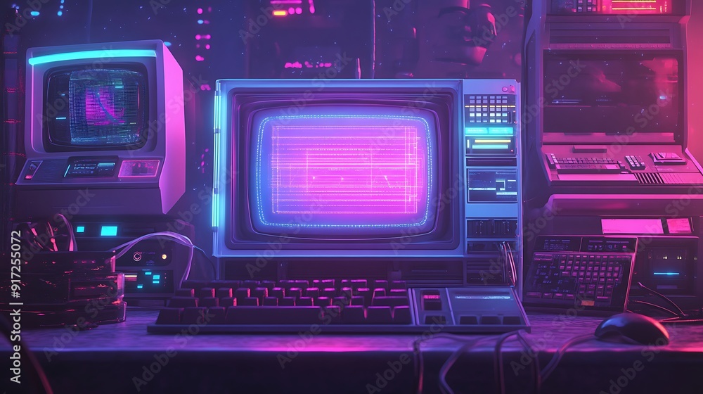 Obraz premium Retro Computer Workstation with Glowing Screen and Keyboard