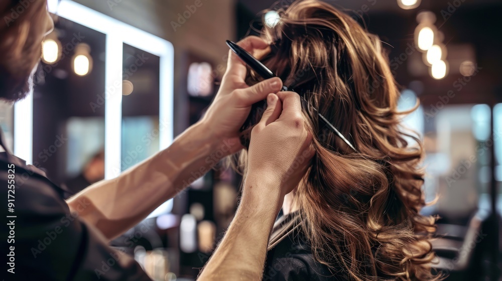 Fototapeta premium A hairstylist cutting and styling a client's hair in a modern salon