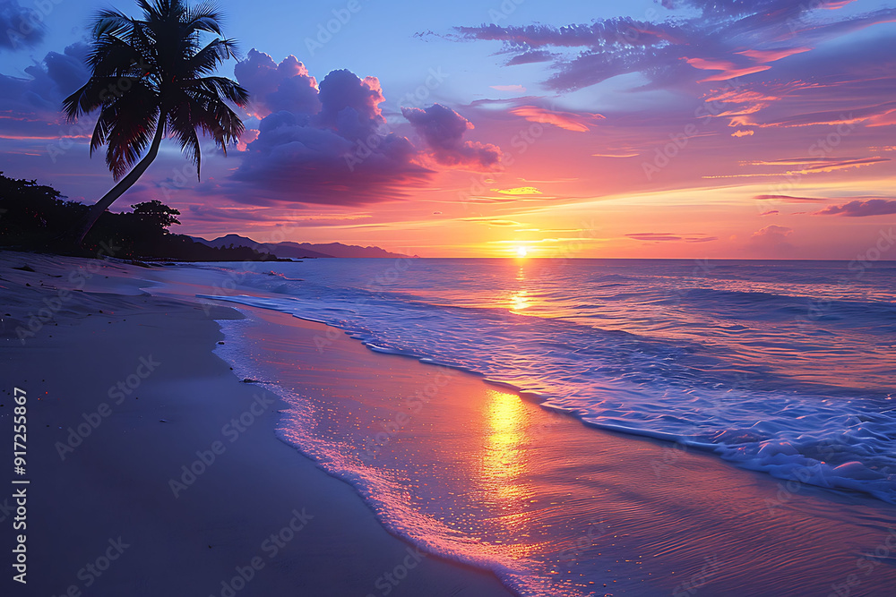 Party invitation card featuring a beach scene at dawn Party invitation card featuring a beach scene at dawn