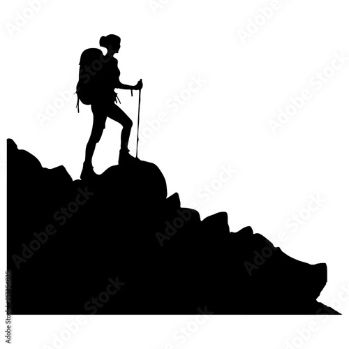 Female Hiking amateur on the top of mountain Silhouette, Woman Hiker with backpacks vector, silhouettes of a girl hiker vector.