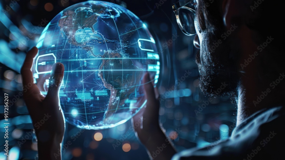 Man engaging with a 3D holographic globe, representing global business software and data analysis Man engaging with a 3D holographic globe, representing global business software and data analysis