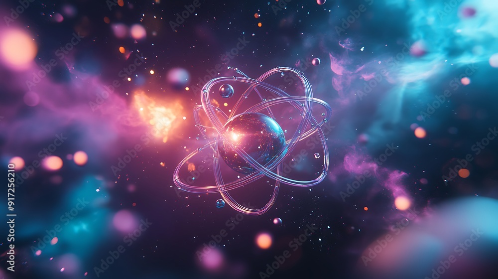 Abstract Atomic Model in a Cosmic Environment with Glowing Particles and Smoke Abstract Atomic Model in a Cosmic Environment with Glowing Particles and Smoke