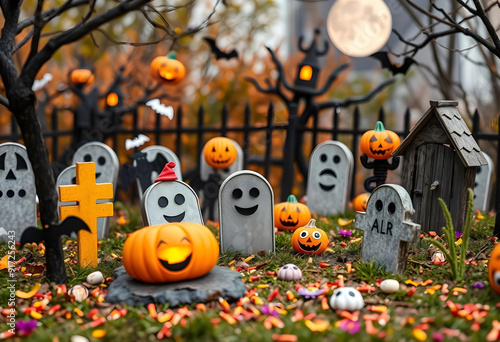 Happy Halloween, dressed up kids , ghosts, whitch background mockups and decoration spooky horror graveyard design photo