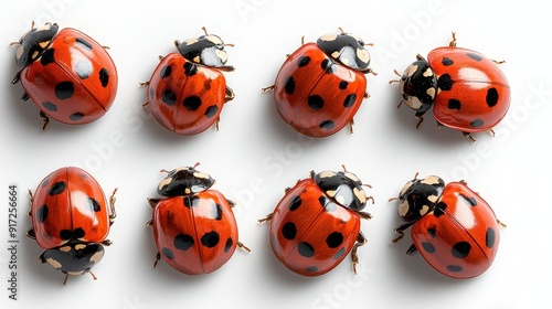 Multiple red ladybugs with varying numbers of black spots are shown scattered across a pristine white surface, creating a visually intriguing pattern.