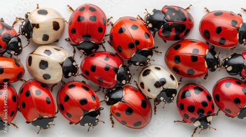 An assortment of red, orange, and white ladybugs, adorned with black spots, are grouped together in a cluster on a clean white surface, exemplifying nature's diversity.