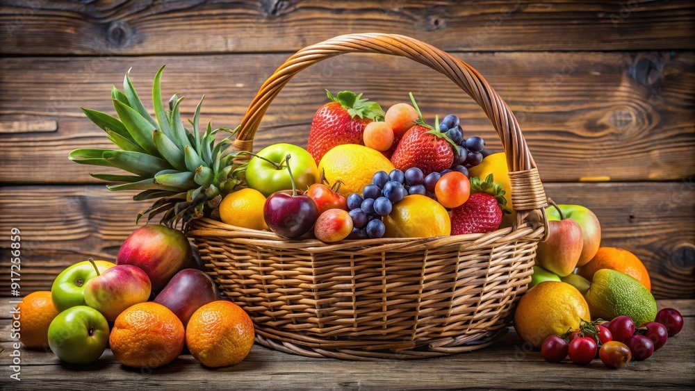 Fruits arranged beautifully in a rustic wicker basket, Fruit, Fresh, Healthy, Organic, Colorful, Vibrant, Natural, Basket Fruits arranged beautifully in a rustic wicker basket, Fruit, Fresh, Healthy, Organic, Colorful, Vibrant, Natural, Basket