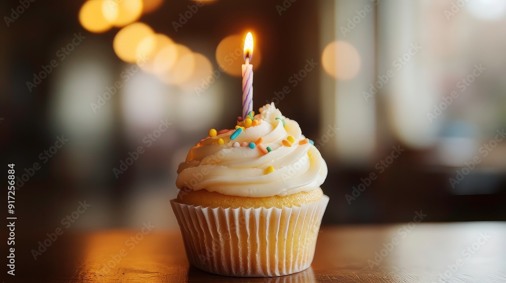 A single cupcake with white frosting and colorful sprinkles sits on a wooden table with a lit candle on top. The cupcake is in focus, while the background is blurred with warm bokeh lights. A single cupcake with white frosting and colorful sprinkles sits on a wooden table with a lit candle on top. The cupcake is in focus, while the background is blurred with warm bokeh lights.