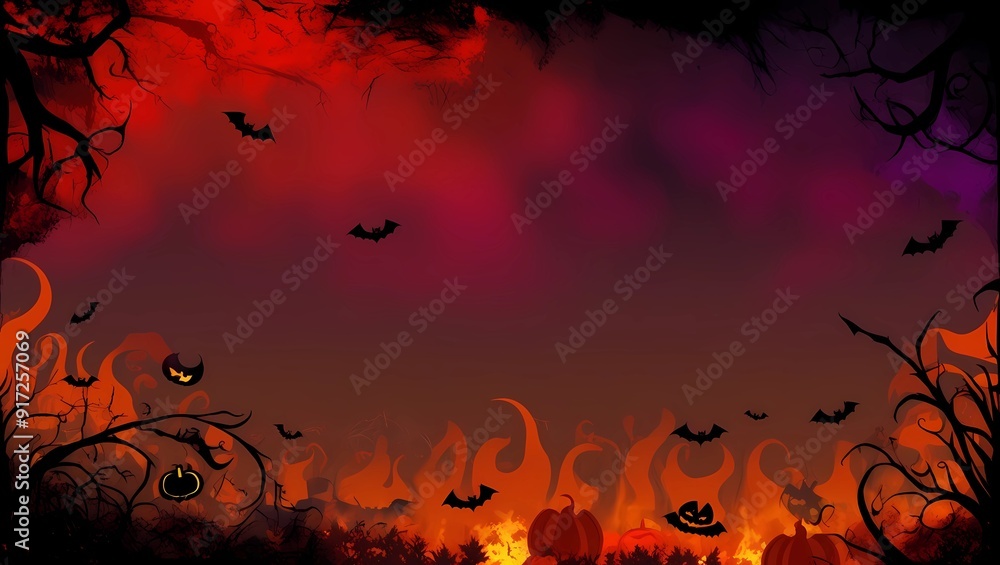 Spooky Halloween Night Background with Flying Bats and Glowing Pumpkins Spooky Halloween Night Background with Flying Bats and Glowing Pumpkins