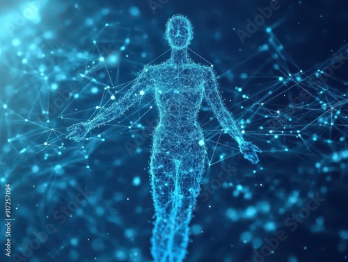 Futuristic human figure composed of glowing particles and network lines, symbolizing technology and digital evolution.
