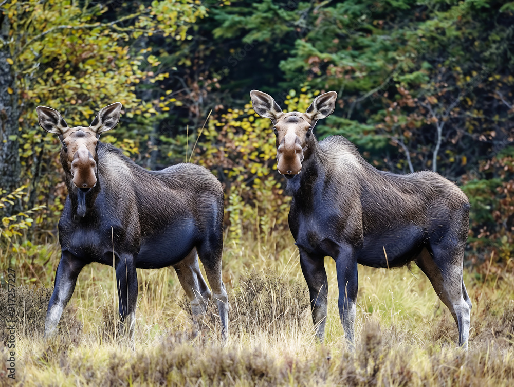 Two moose standing in a field of grass Two moose standing in a field of grass