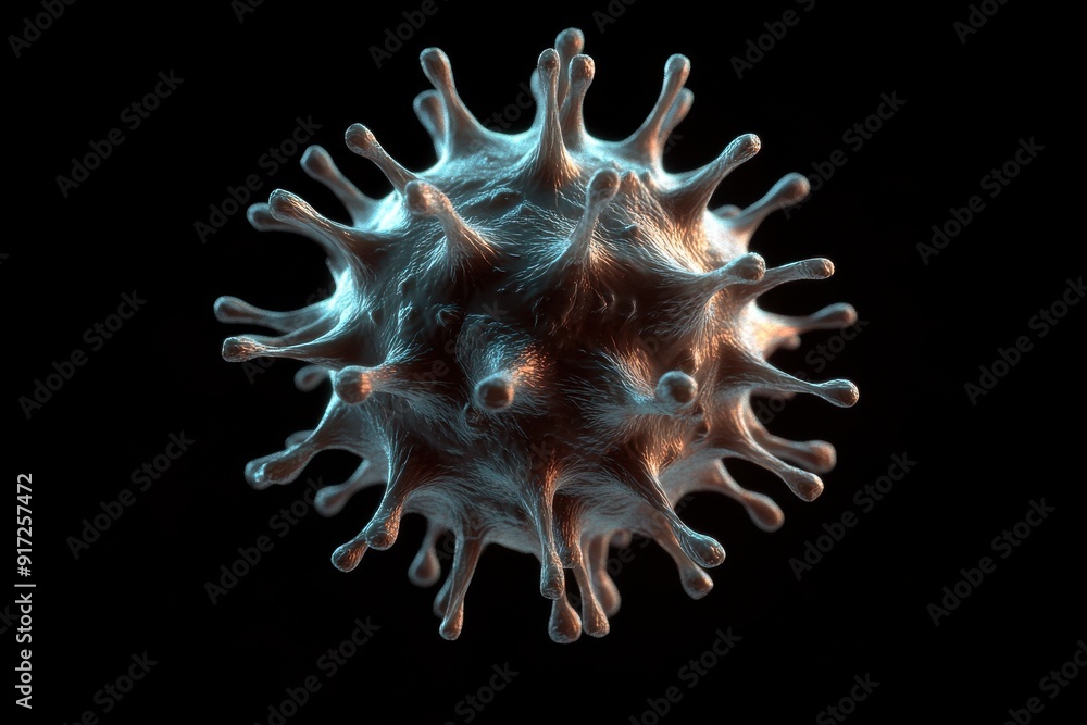 Intricate close-up of a virus structure against a dark background, showcasing detailed spikes and organic shapes. Intricate close-up of a virus structure against a dark background, showcasing detailed spikes and organic shapes.