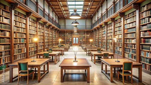 Quiet library interior with rows of books on shelves and reading tables, library, books, reading, education, knowledge