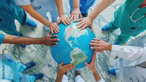 Healthcare workers from different countries forming a global health connection