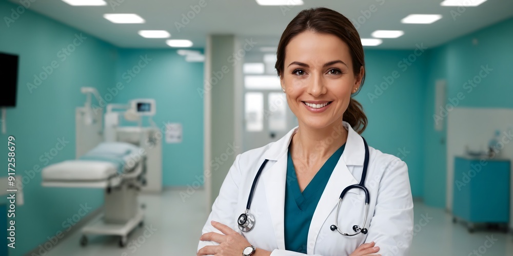 Portrait of doctor, general practitioner, physician, medical professional, Mid adult, mature age doctor, happy smiling doctor AI generated image. Portrait of doctor, general practitioner, physician, medical professional, Mid adult, mature age doctor, happy smiling doctor AI generated image.