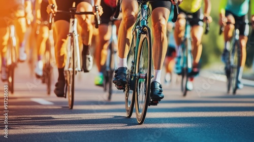 Team sport cyclist photo. Group of triathlete on bicycle ride on the road at Mallorca, Majorca, Spain