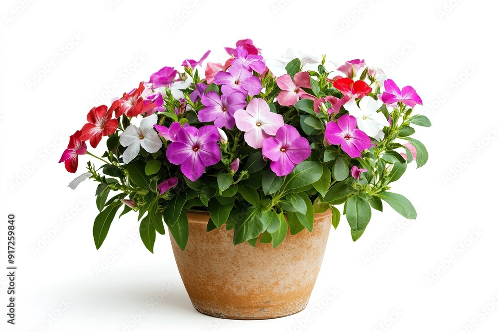 Colorful vinca flowers in the pot isolated on a white background Colorful vinca flowers in the pot isolated on a white background