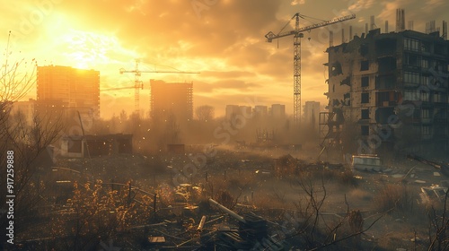 A high-definition image of an abandoned construction site with an incomplete building, rusty cranes, and overgrown weeds. The scene is set during the golden hour, casting a soft, photo