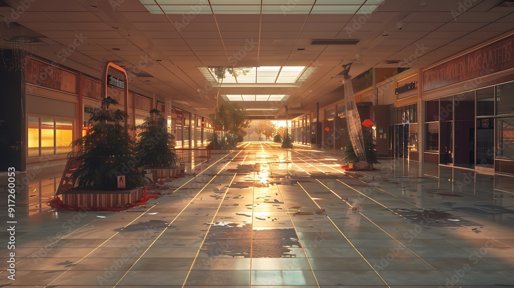 A high-definition image of an empty shopping mall with deserted corridors, closed stores, and abandoned decorations. The scene is set during the golden hour, casting a soft,