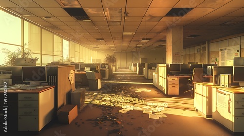 Wallpaper Mural A high-definition image of an empty office space with vacant cubicles, scattered papers, and darkened offices. The scene is set during the golden hour, casting a soft, Torontodigital.ca