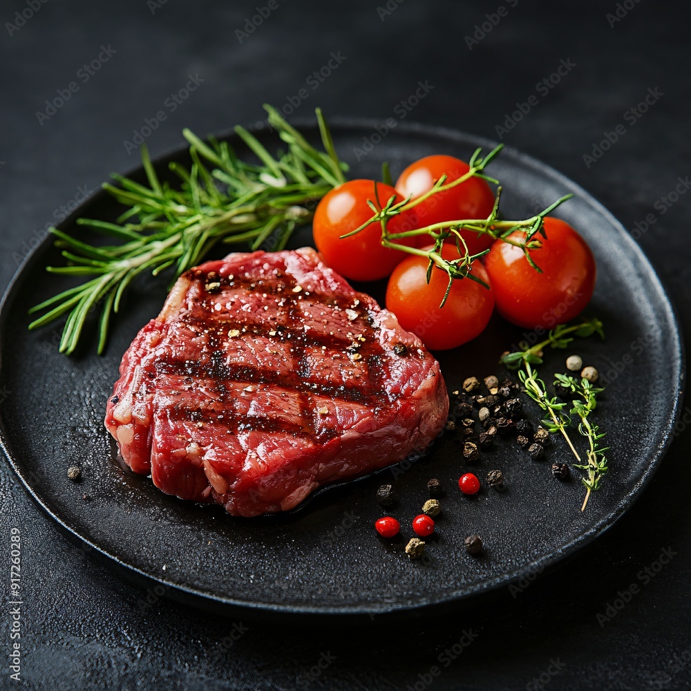 A raw ribeye steak seasoned with peppercorns, garnished with fresh herbs and cherry tomatoes, presented on a black plate, ready for grilling or cooking. A raw ribeye steak seasoned with peppercorns, garnished with fresh herbs and cherry tomatoes, presented on a black plate, ready for grilling or cooking.