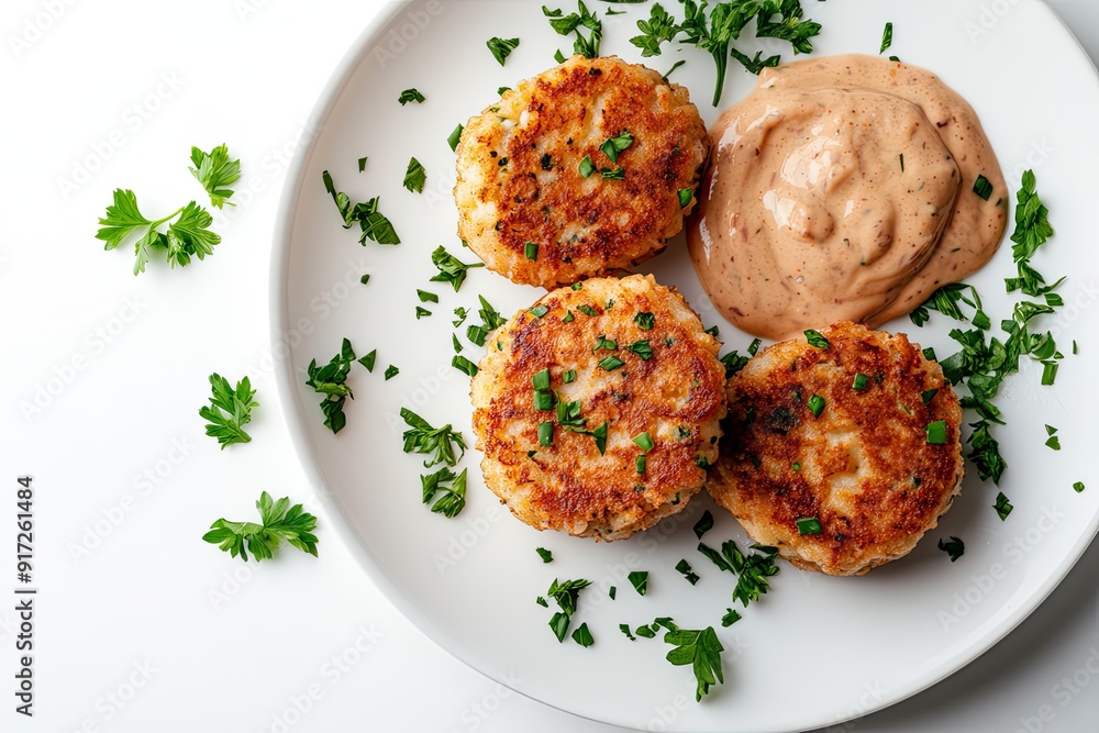 Crab cakes with remoulade sauce isolated on a white, top view Crab cakes with remoulade sauce isolated on a white, top view