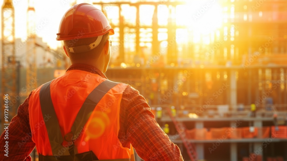 Construction engineer standing at sunset looking at building site Construction engineer standing at sunset looking at building site