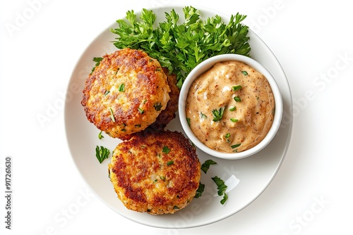 Crab cakes with remoulade sauce isolated on a white, top view