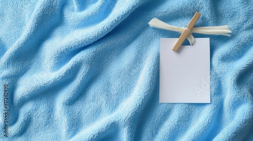 A blank white card with a wooden clothespin is placed on top of a soft blue blanket. The blanket has a textured surface and is folded in a way that creates a sense of depth.