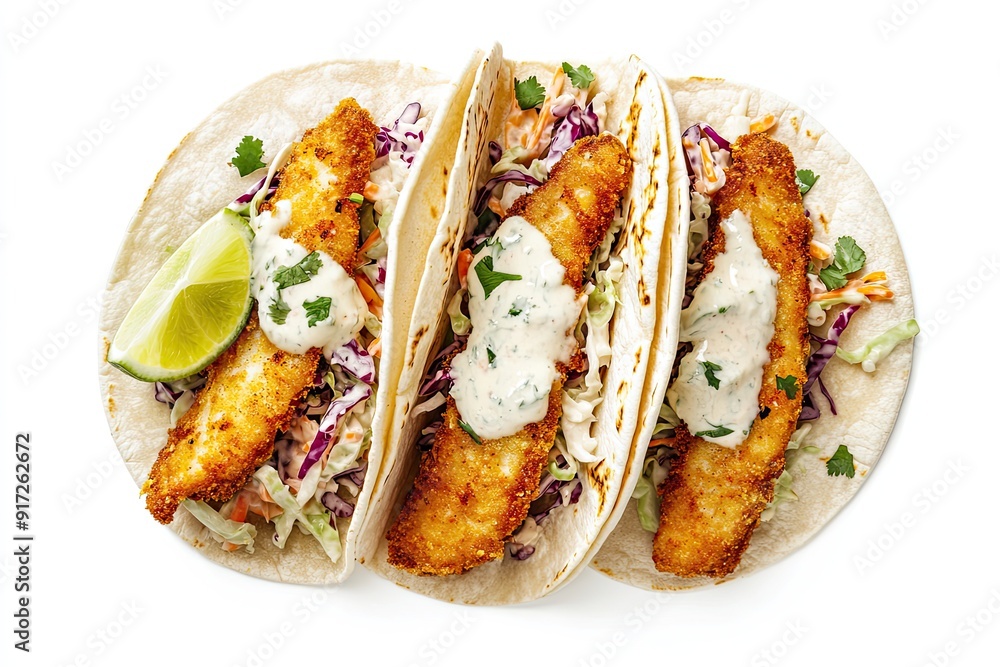 Crispy fish tacos with cabbage slaw and lime crema isolated on a white, top view Crispy fish tacos with cabbage slaw and lime crema isolated on a white, top view