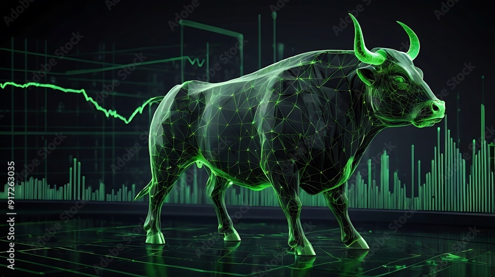 Stock market illustration of bull market, growth in net worth of market in a bullish asset market, trading up worth graph. AI Generated