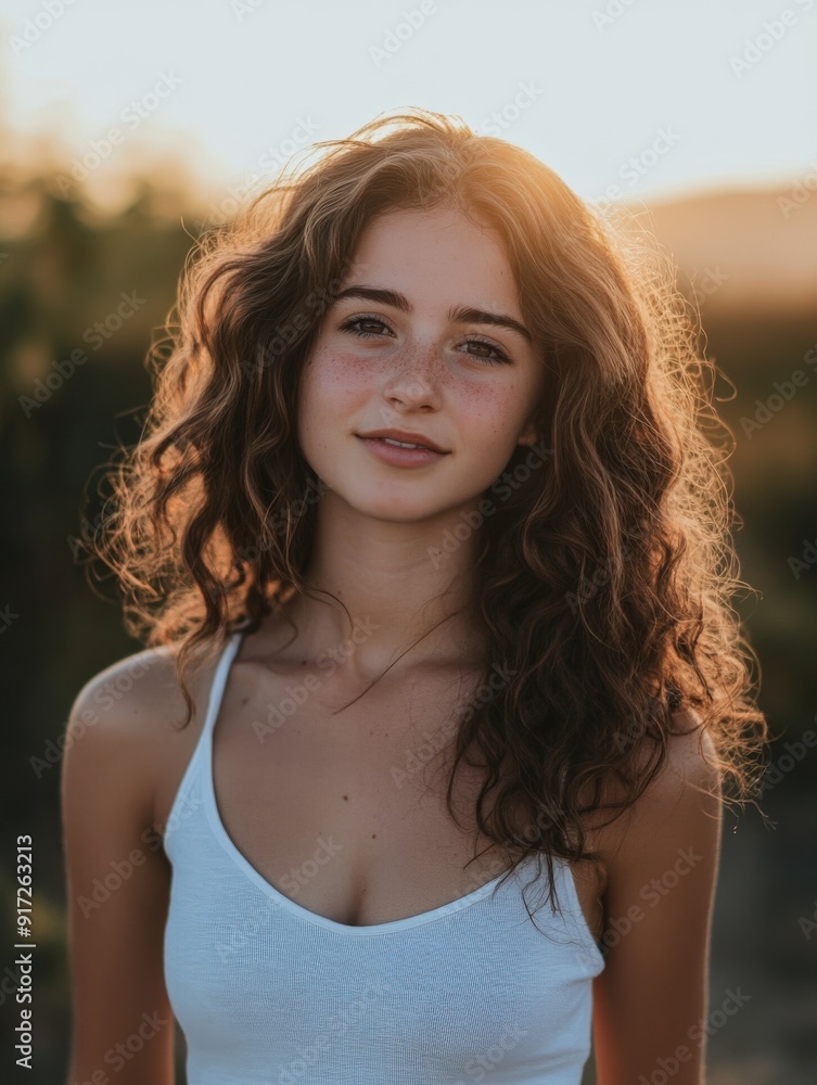 Young woman with curly hair standing in a field during sunset Young woman with curly hair standing in a field during sunset