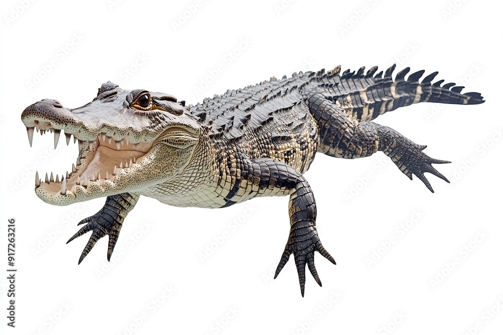 Fototapeta premium Crocodile swimming and showing teeth isolated on a white background