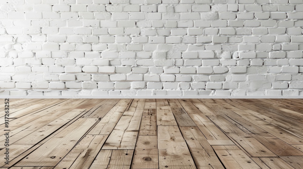 Fototapeta premium Interior decor: wood floor and white brick wall backdrop